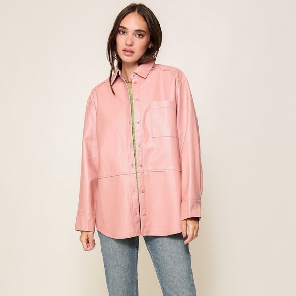 LUMIERE Pink Faux Leather Shacket, Oversized Button-Down Shirt Jacket, Fall L - Picture 4 of 5